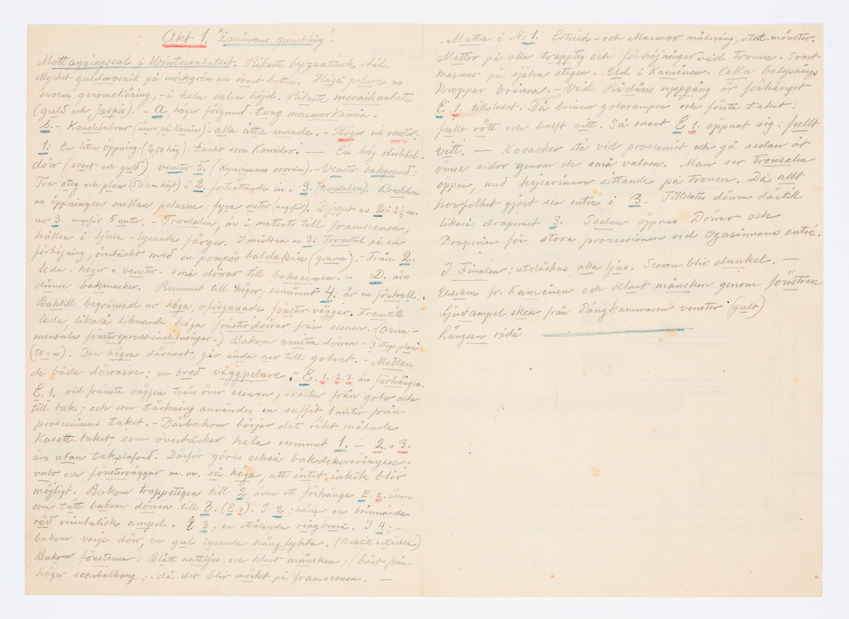 Tryckt plan av Svenska Teaterns scen med inritad dekorationsuppställning. På baksidan beskrivning av 1:a aktens dekoration i Kejsarinnans gunstling.
