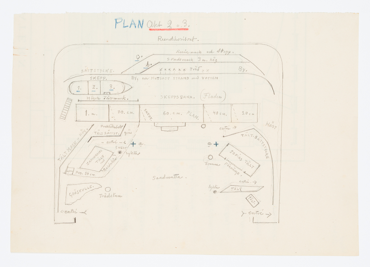 Tryckt plan av Svenska Teaterns scen med inritad dekorationsuppställning. På baksidan två dekoruppställningar ( akt 1, akt 2 och 3) till Kejsarinnans gunstling.
