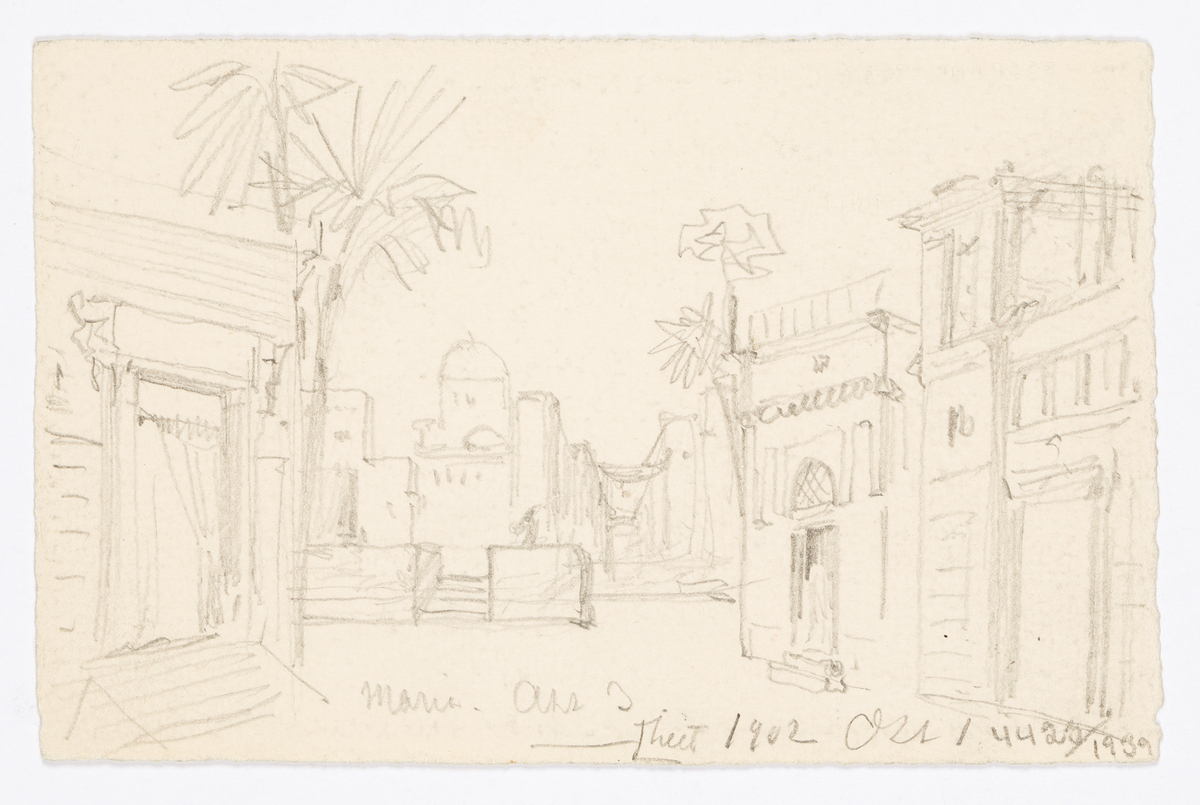 På framsidan: Torg i orientalisk stad med palmer och i fonden hus med kupol. På baksidan: bergspass bland klippor.
