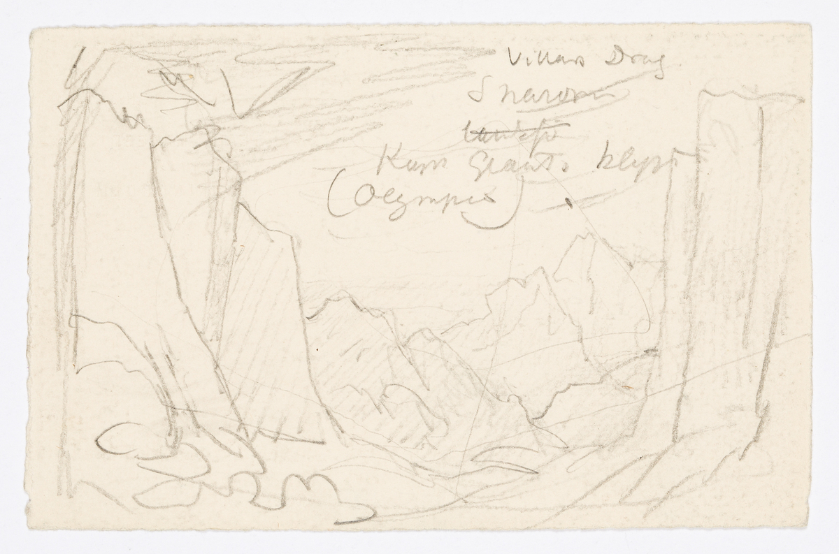 På framsidan: Torg i orientalisk stad med palmer och i fonden hus med kupol. På baksidan: bergspass bland klippor.
