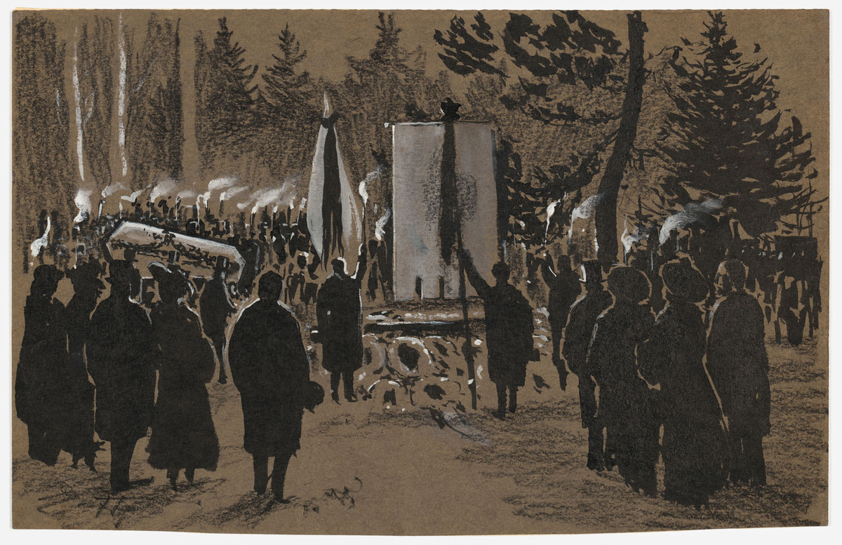 Människomassa med facklor i skog. I förgrunden grav med standar. T.v. bärs likkista in
