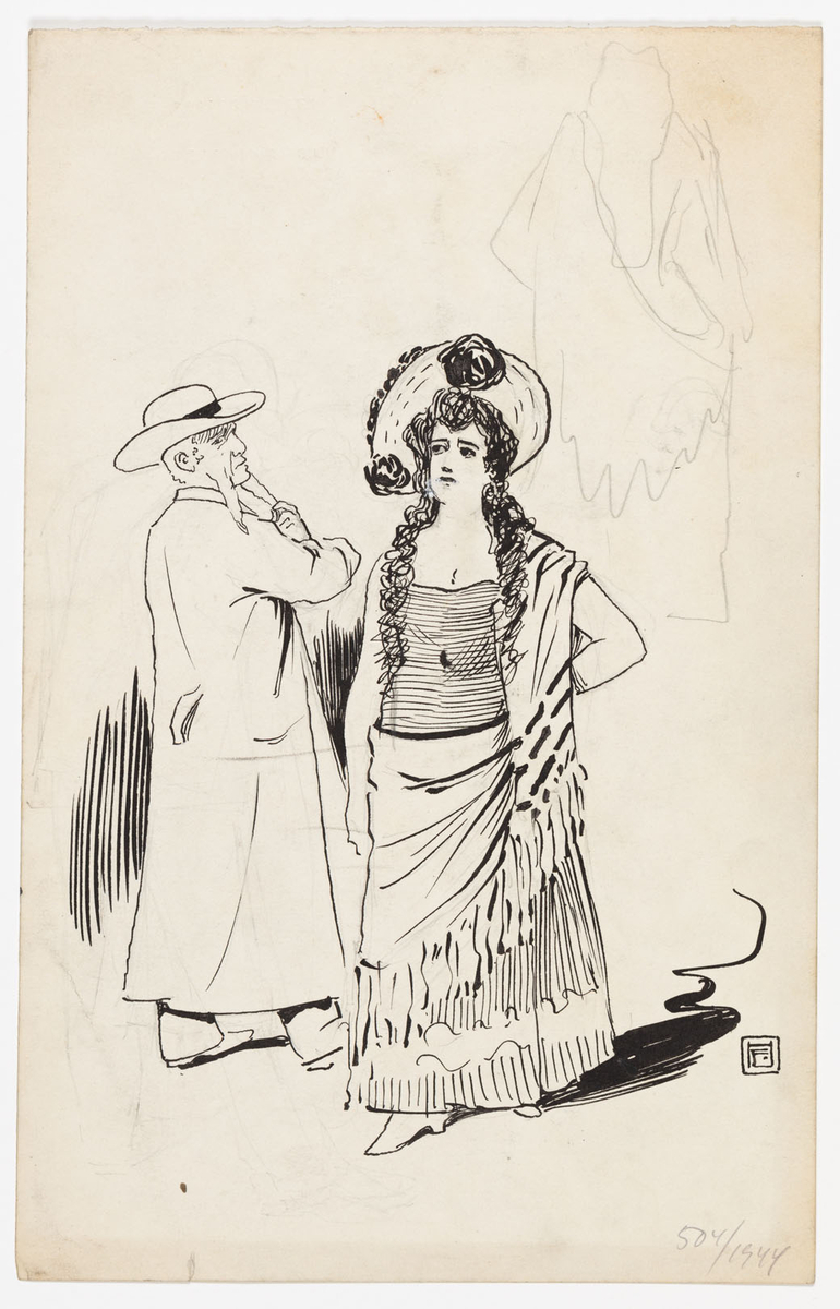 Till vänster man med långa polisonger avbildad snett bakifrån med huvudet vänt till höger. Han är klädd i långrock och bär en vidbrättad hatt. Till höger en långhårig kvinna avbildad framifrån med blicken till vänster. Hon är iklädd ankellång klänning utan ärm, stor hatt med tygblommor och en stor sjal draperad runt kroppen. I övre höger hörn syns en enklare skiss av samma kvinna sedd bakifrån.
