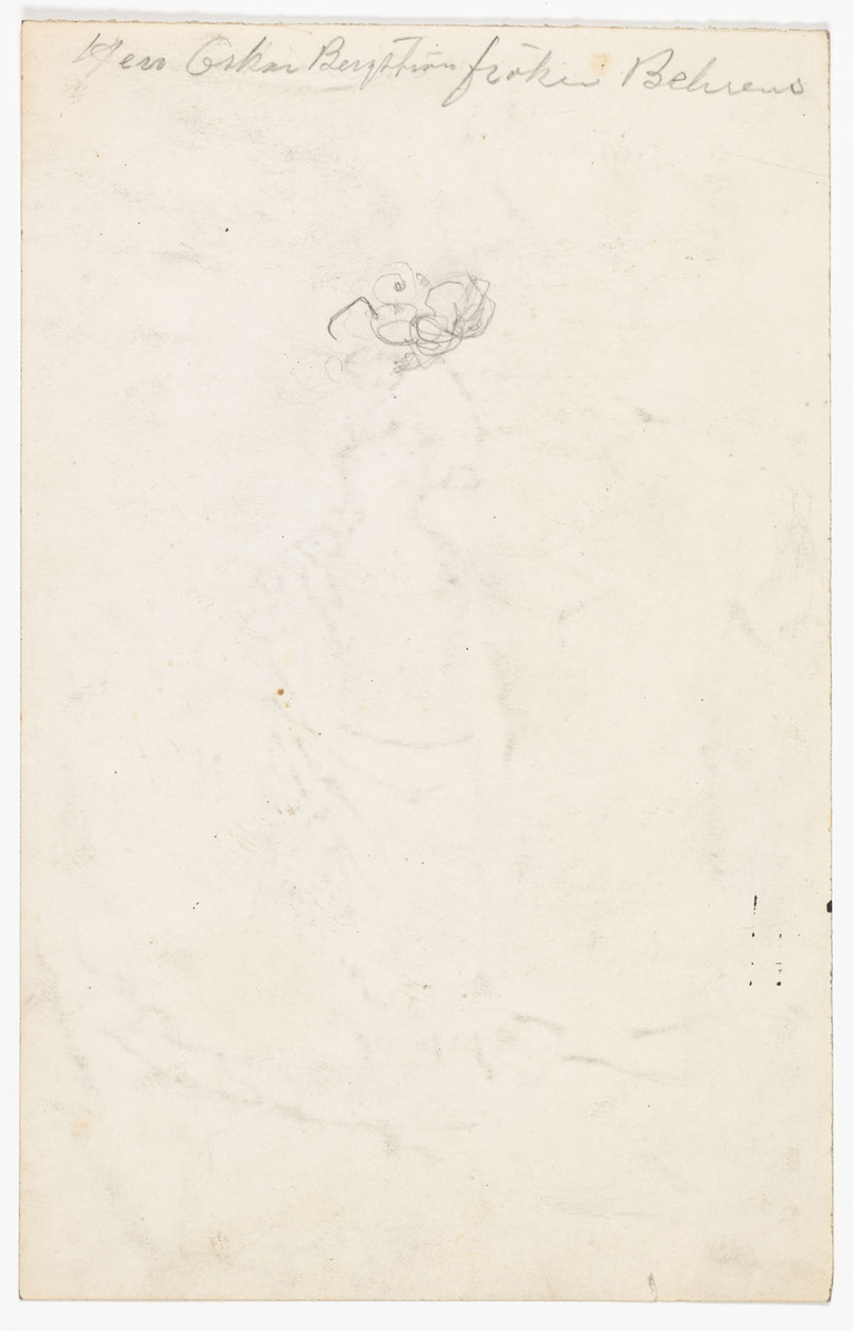 Till vänster man med långa polisonger avbildad snett bakifrån med huvudet vänt till höger. Han är klädd i långrock och bär en vidbrättad hatt. Till höger en långhårig kvinna avbildad framifrån med blicken till vänster. Hon är iklädd ankellång klänning utan ärm, stor hatt med tygblommor och en stor sjal draperad runt kroppen. I övre höger hörn syns en enklare skiss av samma kvinna sedd bakifrån.
