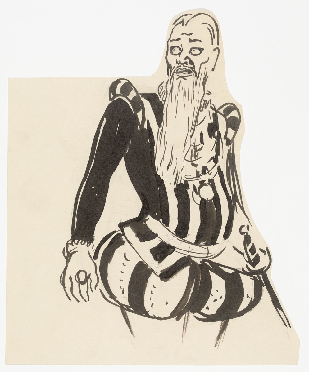 Man avbildad i halvfigur iklädd korta puffbyxor och doublet-tröja. Han har lång vitt skägg och vitt hår samt värja hängandes från höften. 
På baksidan syns samma man men nu i hysterisk aktion bakom ett skrivbord därifrån han kastar ner papper som om han förtvivlad letar efter någonting.
