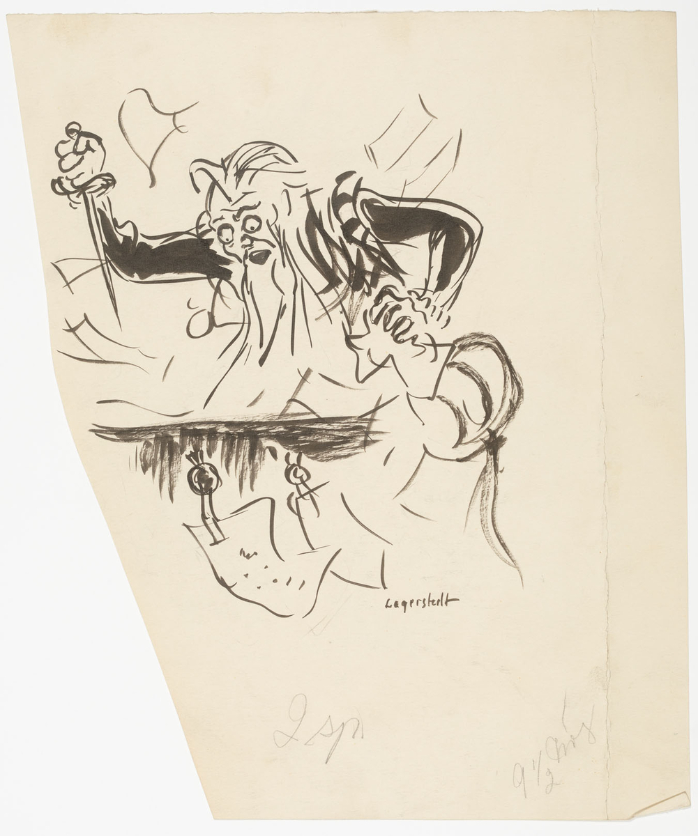 Man avbildad i halvfigur iklädd korta puffbyxor och doublet-tröja. Han har lång vitt skägg och vitt hår samt värja hängandes från höften. 
På baksidan syns samma man men nu i hysterisk aktion bakom ett skrivbord därifrån han kastar ner papper som om han förtvivlad letar efter någonting.
