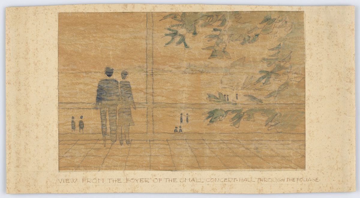 View from the Foyer of the small Concert-Hall trough the Foliage [Tegning]