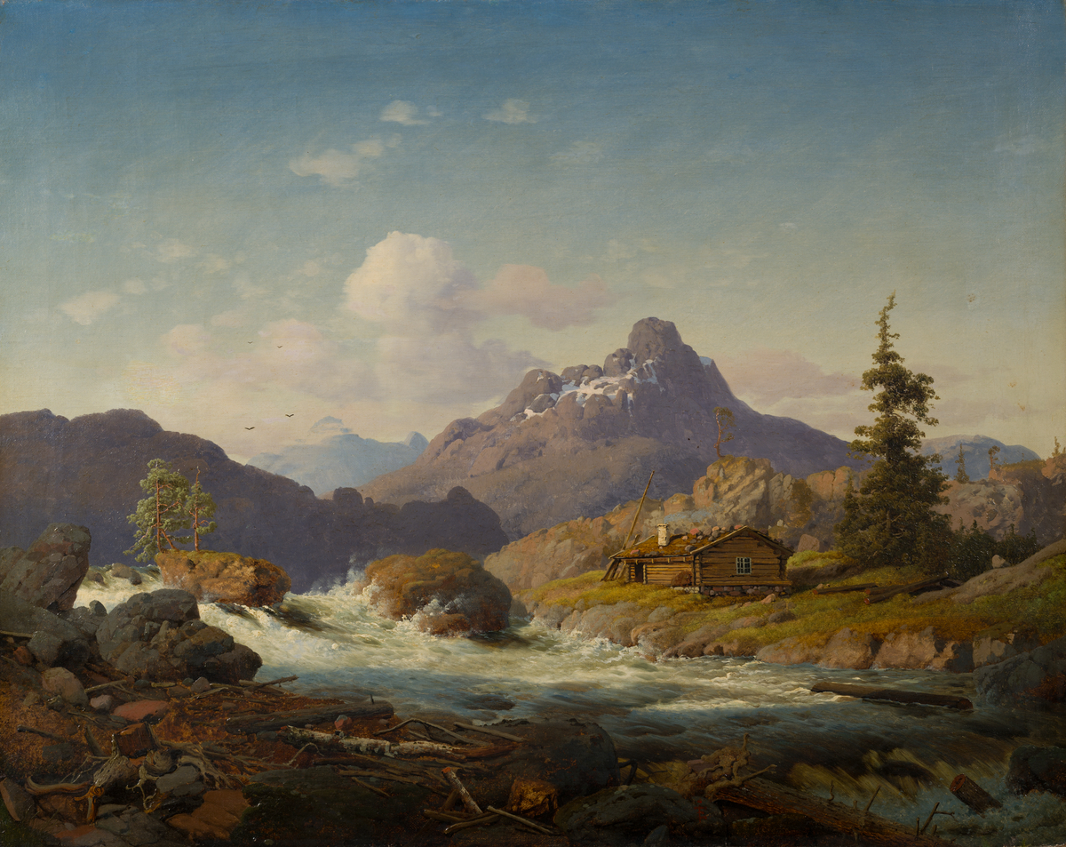 Elvelandskap med tømmerhytte [Maleri]