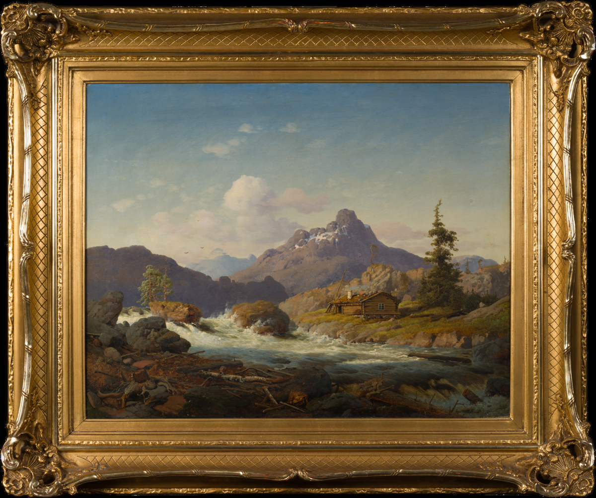 Elvelandskap med tømmerhytte [Maleri]