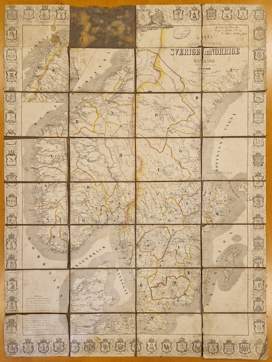 Karta öfver landsvägarne uti Sverige och Norrige samt en del af Danmark. Sammandragen och graverad af C. F. Ström 1855. J. L. Brudins Bokhandel Stockholm. 2:dra öfversedda och betydligt tillökta upplagan. Tryckt hos C. F. Ström. Gåva av fru Alma Moberg 1908. Bokn. 115.