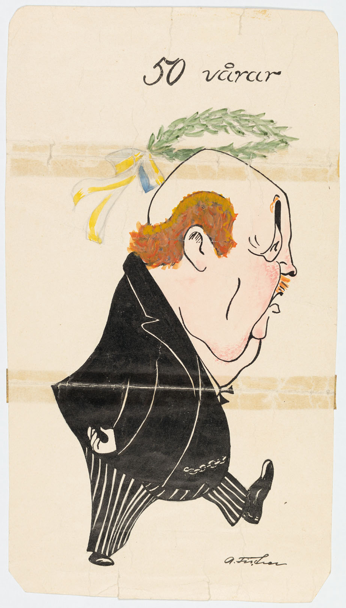 Kraftig man i helfigur och profil gåendes till höger, i klädd svart och vitrandiga byxor, svart kavaj, väst och skor. Ovanför det överdimensionerade huvudet svävar en lagerkrans. Han är flintskallig med en rödblond hårkrans och mustasch. 
