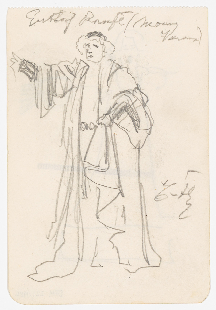 En man i lång draperad renässans-inspirerad klädnad, lockigt hår och en liten hatt. På baksidan en sjungande kvinna med utsträckt arm.
