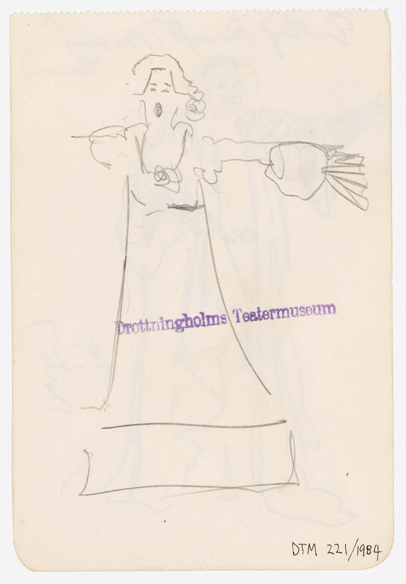 En man i lång draperad renässans-inspirerad klädnad, lockigt hår och en liten hatt. På baksidan en sjungande kvinna med utsträckt arm.
