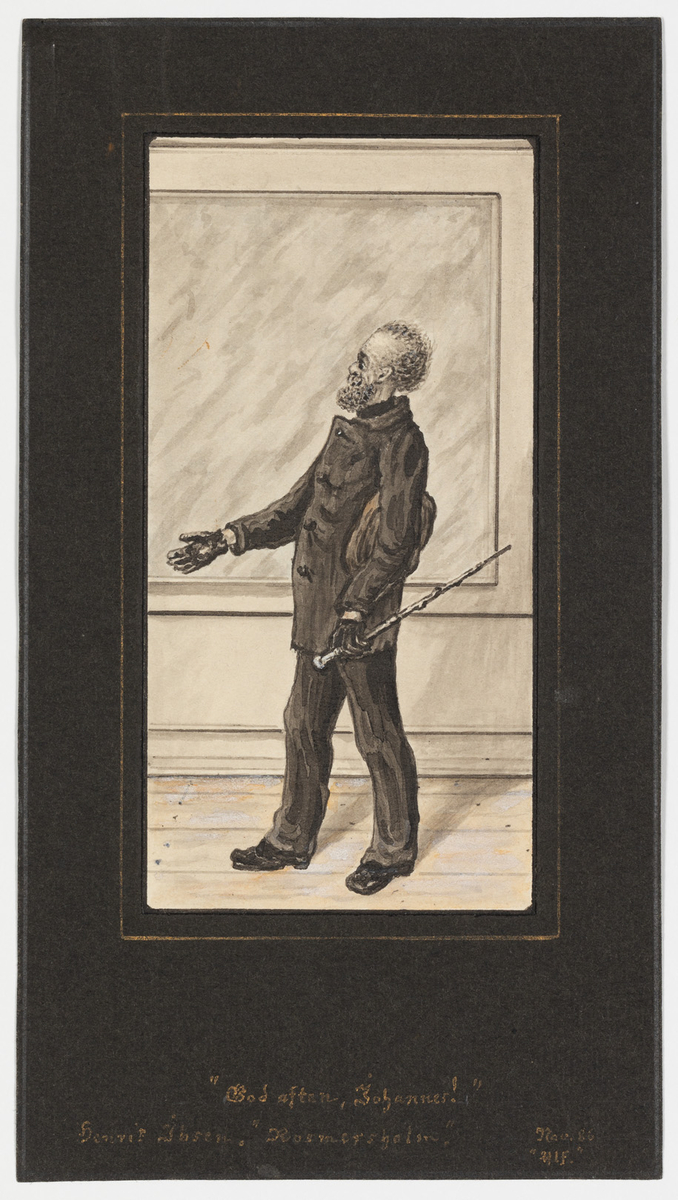 Kolorerat porträtt i helfigur av äldre man i promenadkostym håller en hatt under armen och en spatserkäpp i handen. Han är avbildad vänd åt vänster.
