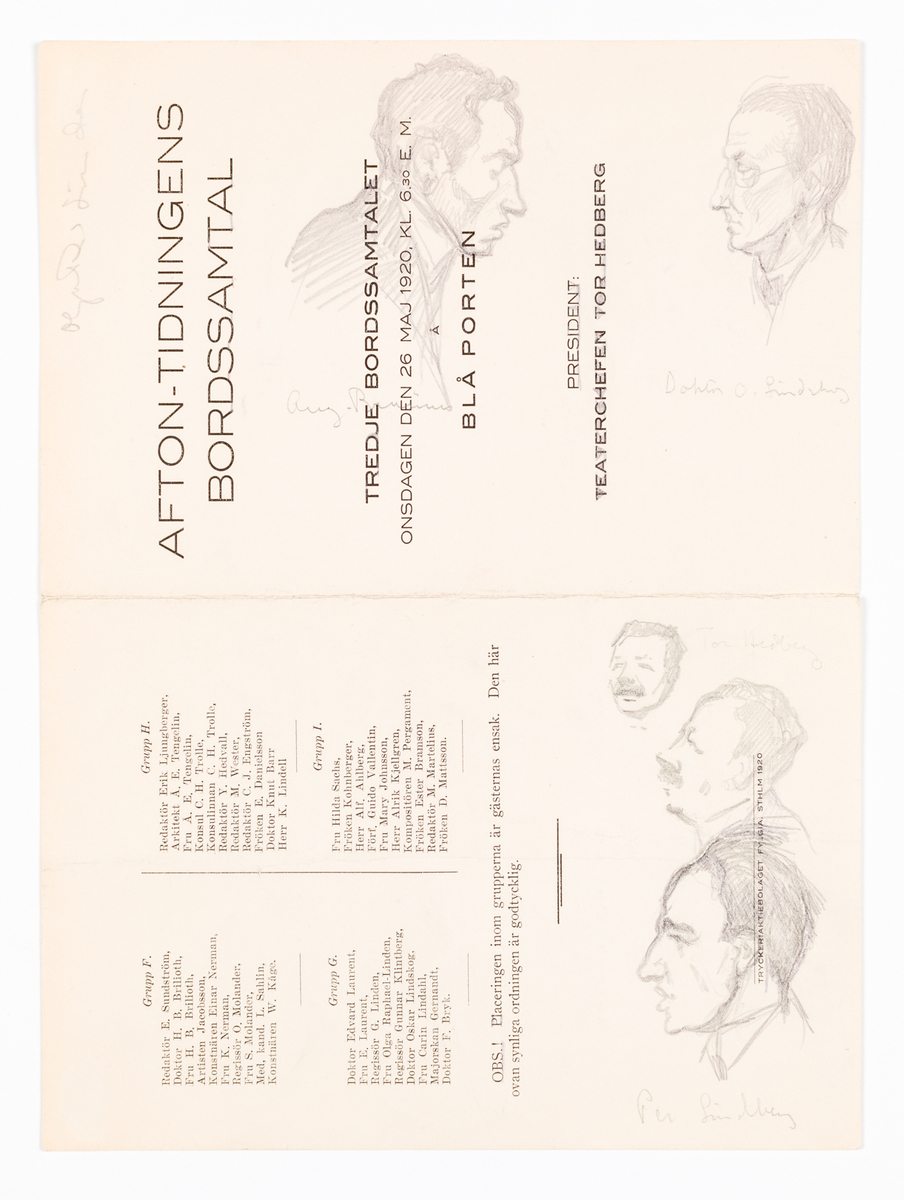 Fyra manshuvuden skissade på en placeringslista för Afton-tidningens bordssamtal.
