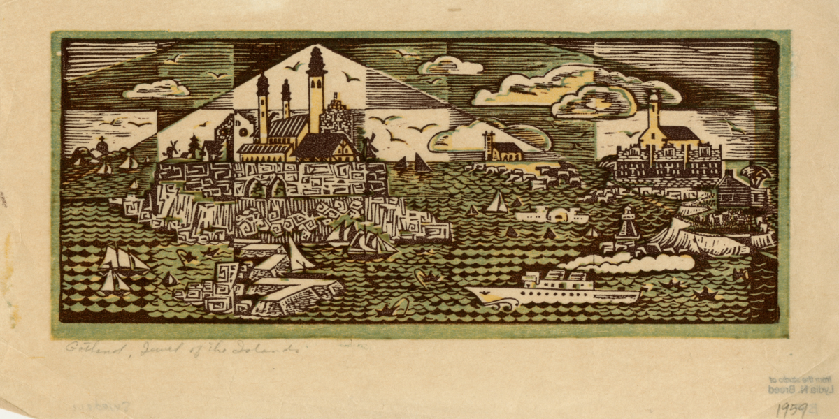 Stiliserat havs- och stadsmotiv med konstnärens intryck och minnen från Gotland och Visby