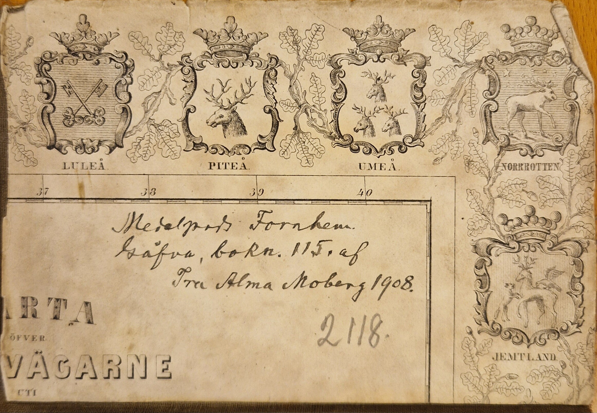 Karta öfver landsvägarne uti Sverige och Norrige samt en del af Danmark. Sammandragen och graverad af C. F. Ström 1855. J. L. Brudins Bokhandel Stockholm. 2:dra öfversedda och betydligt tillökta upplagan. Tryckt hos C. F. Ström. Gåva av fru Alma Moberg 1908. Bokn. 115.