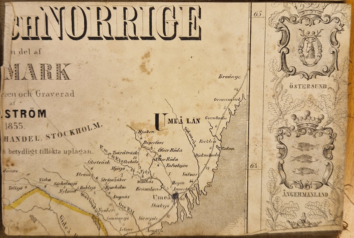 Karta öfver landsvägarne uti Sverige och Norrige samt en del af Danmark. Sammandragen och graverad af C. F. Ström 1855. J. L. Brudins Bokhandel Stockholm. 2:dra öfversedda och betydligt tillökta upplagan. Tryckt hos C. F. Ström. Gåva av fru Alma Moberg 1908. Bokn. 115.