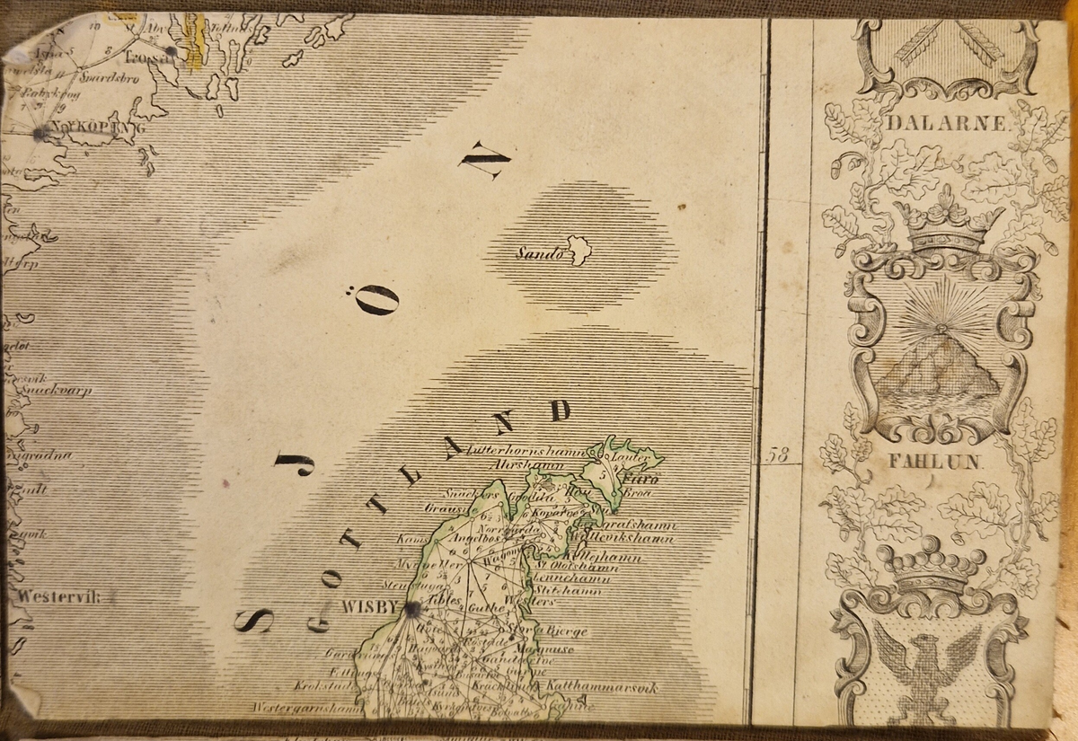 Karta öfver landsvägarne uti Sverige och Norrige samt en del af Danmark. Sammandragen och graverad af C. F. Ström 1855. J. L. Brudins Bokhandel Stockholm. 2:dra öfversedda och betydligt tillökta upplagan. Tryckt hos C. F. Ström. Gåva av fru Alma Moberg 1908. Bokn. 115.