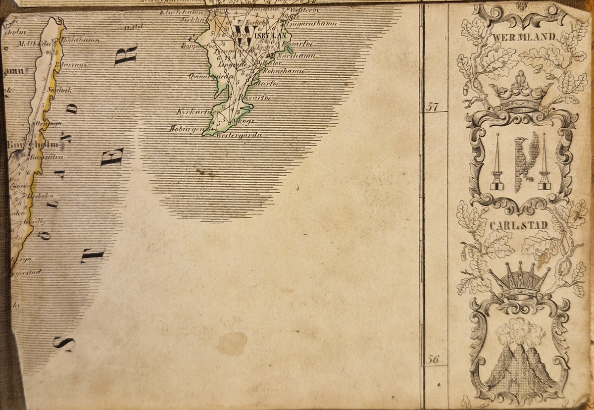 Karta öfver landsvägarne uti Sverige och Norrige samt en del af Danmark. Sammandragen och graverad af C. F. Ström 1855. J. L. Brudins Bokhandel Stockholm. 2:dra öfversedda och betydligt tillökta upplagan. Tryckt hos C. F. Ström. Gåva av fru Alma Moberg 1908. Bokn. 115.