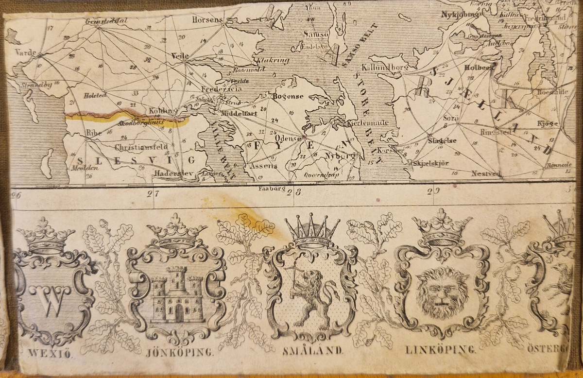 Karta öfver landsvägarne uti Sverige och Norrige samt en del af Danmark. Sammandragen och graverad af C. F. Ström 1855. J. L. Brudins Bokhandel Stockholm. 2:dra öfversedda och betydligt tillökta upplagan. Tryckt hos C. F. Ström. Gåva av fru Alma Moberg 1908. Bokn. 115.