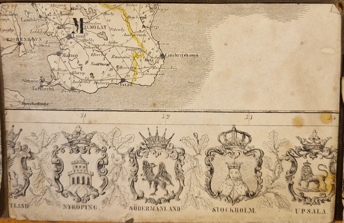 Karta öfver landsvägarne uti Sverige och Norrige samt en del af Danmark. Sammandragen och graverad af C. F. Ström 1855. J. L. Brudins Bokhandel Stockholm. 2:dra öfversedda och betydligt tillökta upplagan. Tryckt hos C. F. Ström. Gåva av fru Alma Moberg 1908. Bokn. 115.