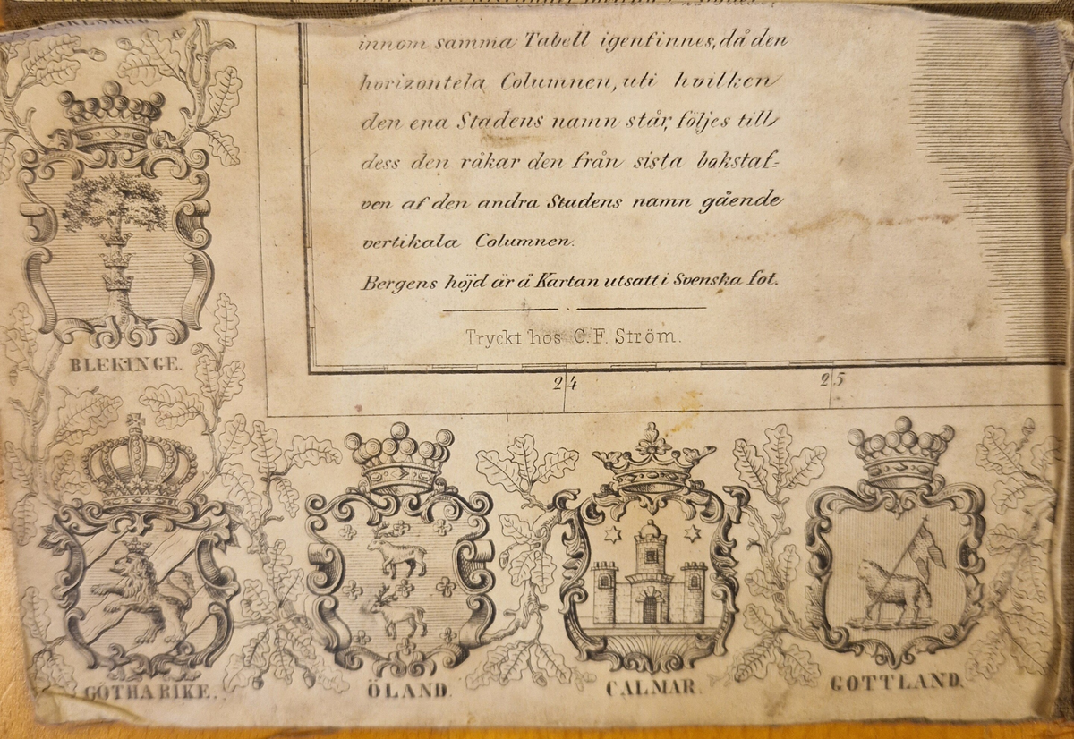 Karta öfver landsvägarne uti Sverige och Norrige samt en del af Danmark. Sammandragen och graverad af C. F. Ström 1855. J. L. Brudins Bokhandel Stockholm. 2:dra öfversedda och betydligt tillökta upplagan. Tryckt hos C. F. Ström. Gåva av fru Alma Moberg 1908. Bokn. 115.