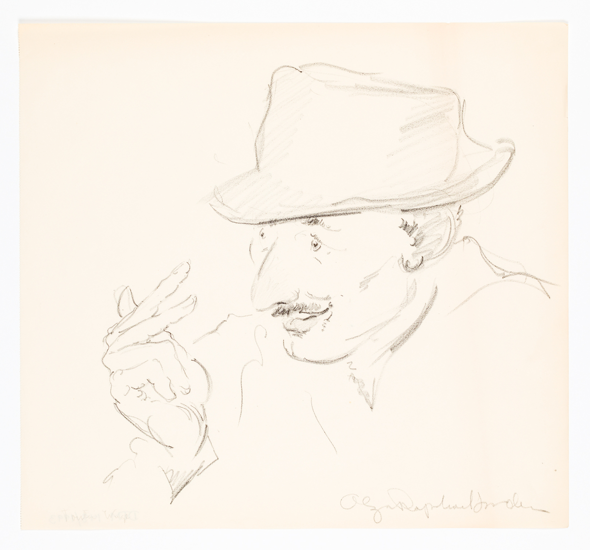 Manshuvud i halvprofil till vänster. Han bär hatt. Högerhanden är också avbildad.
