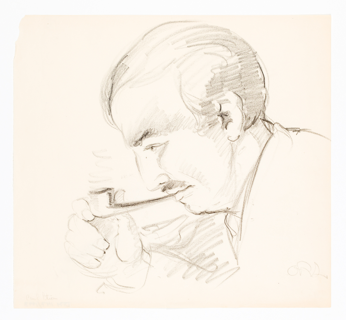 Manshuvud i profil till vänster. Han röker pipa och har mustasch.
