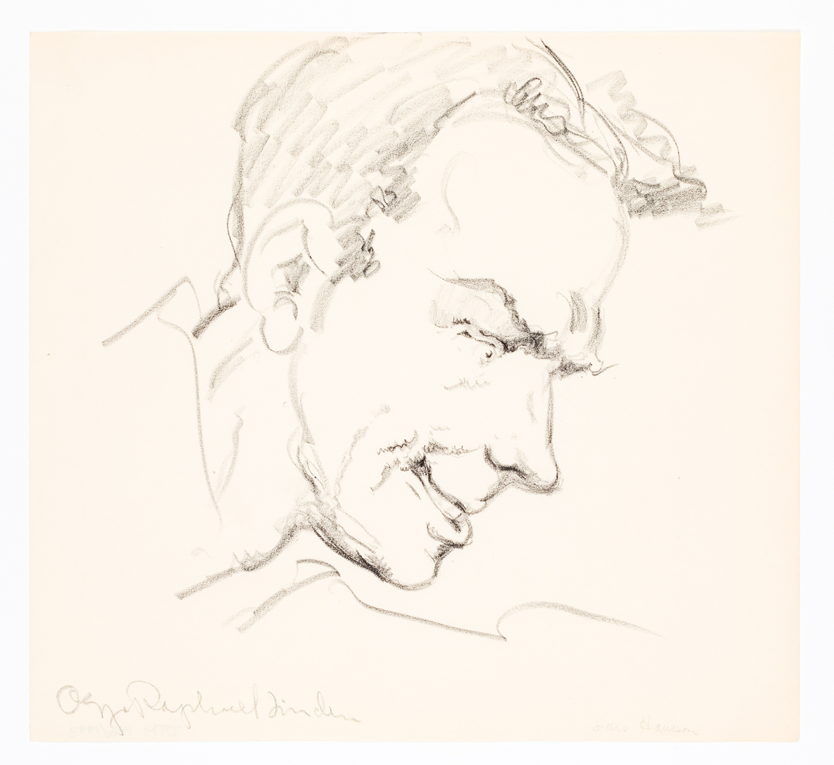 Manshuvud i profil till höger, nedåtböjt. Intensiv blick.
