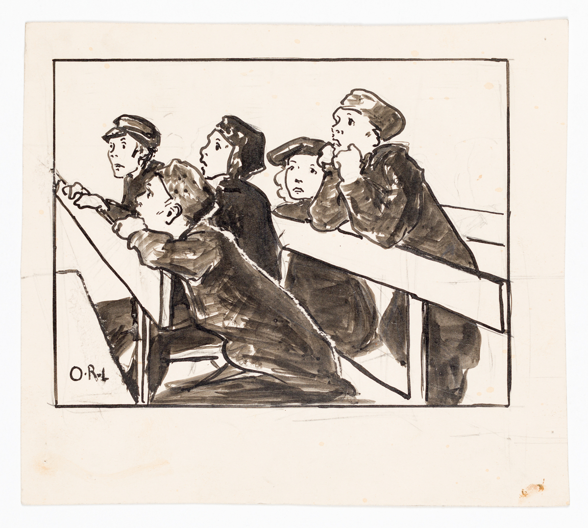 Fem barn med skolmössor sitter i en biograf. De stirrar med häpna blickar åt vänster.
