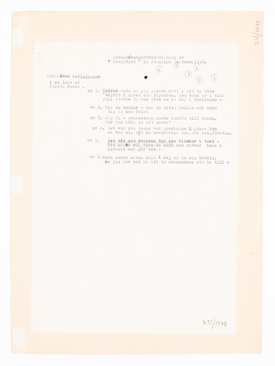 6 högtidsklädda åskådare i en loge på 1:a raden i en teatersalong. Tre yngre damer sitter längst fram. En har solfjäder, en har plym i håret och en har boa runt axlarna. I centrum sitter en man med kikare. Längst bak sitter ett äldre par. Mannen döljer en gäspning med programbladet.
