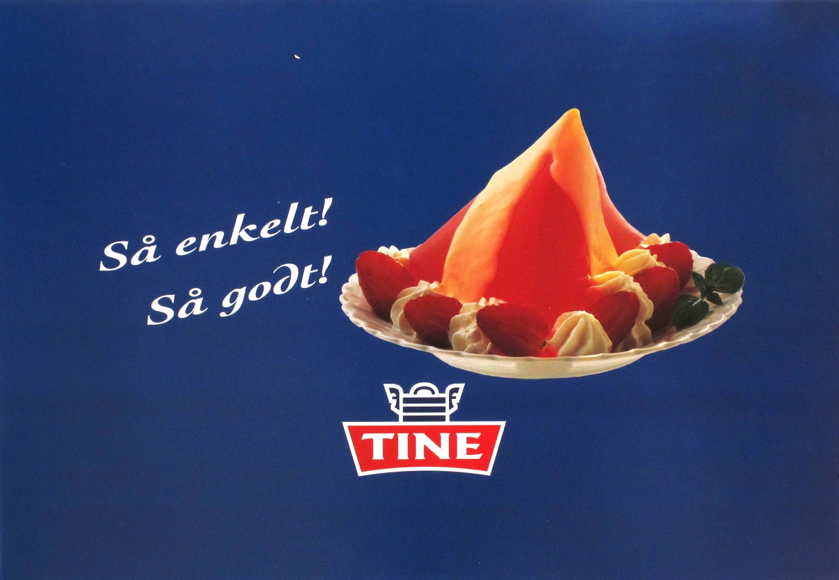 Fargefoto av jordbærgele og vaniljesaus. Tines emblem + tekst.