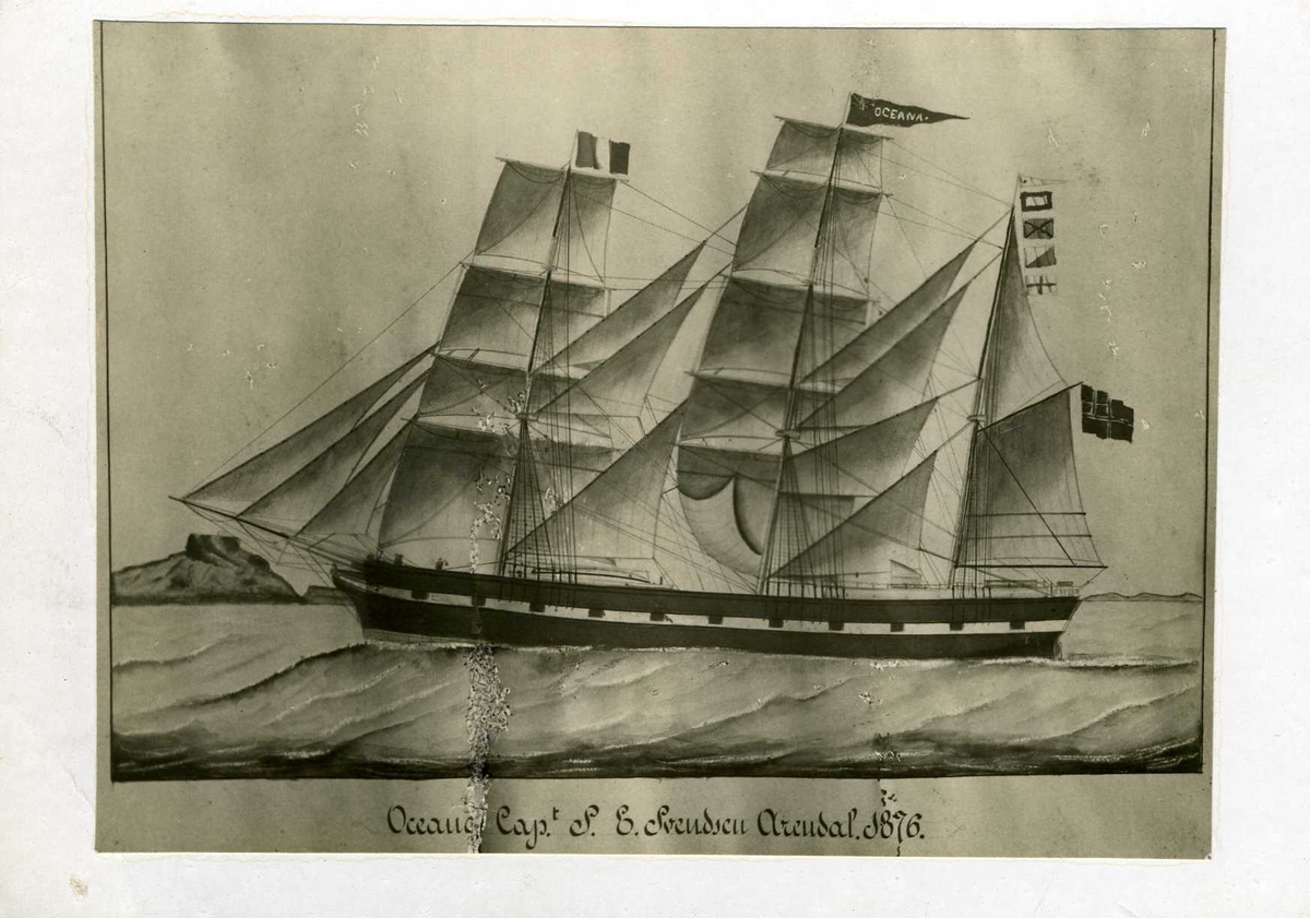 Fartøybilder fra Agder. 

Navn:  Oceana
Kjennetegn: HVLP
Type: Klipperskip, omrigget til bark på 1850-tallet
Bygget på Svinodden i Arendal, av skipsmester Morten Kiddelsen.
Kilde: Kallevig s. 49ff
          Hvite seil b5 s53
          Ingemann 1850
          1858x
          Møller 1862
          F75
Skuteregistersignatur: 1850IO130 og 336

Bilde 1:
Arkivref: Fartøybilder 56
Tekst: Oceana, bark, efter maleri med påskrift: "Oceana af Arendal, ført af Captn O. A. Olsen". Original tilh. J. T. G. Aalholm, forært Aust-Agder Museeet, Arendal. Efter oljemaleri på lerret, sign av M. T. Renault, Livorno 1864. Fra Arendal Sjømannsforening 14. januar 1959.

Bilde 3:
Tekst: Kapt. Ole Anton Olsen, Arendal. Reder: Christian Stephansen, Arendal. Maleri av F. Tudgay, Liverpool 1860. Bakgrunn: Klippene ved Dover. Tilhørende O. A. Aalholm, gave desember 1960 fra Arendals Forsikringsselskab A/S, Arendal. Foto Væring 1955. AAA Neg. nr. 633

Bilde 2
Arkivref: Fartøybilder 56;  AAA Neg. nr. 360
Tekst: Oceana Captn. S. E. Svendsen, Arendal 1876.  