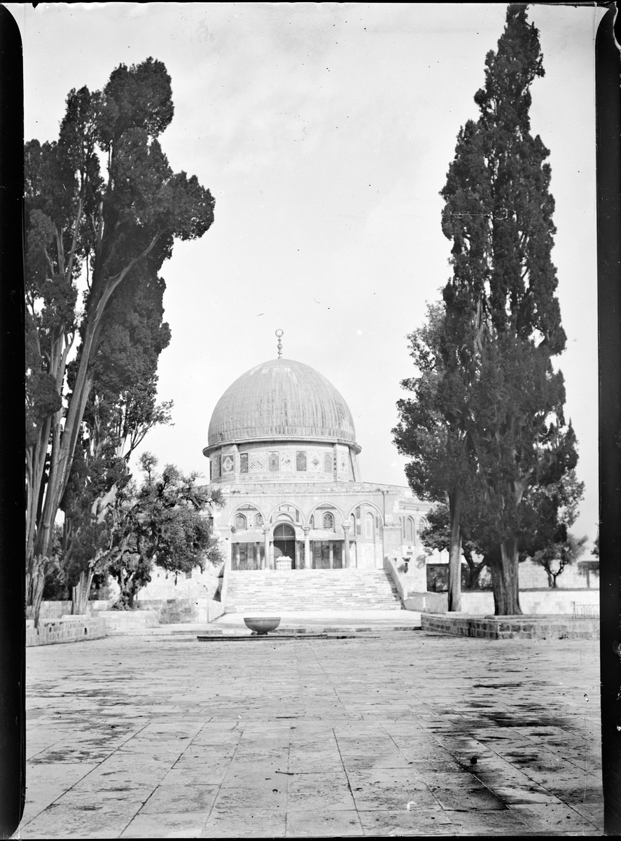 "Omar Mosque." (Bildetekst fra album.) En moské mellom to trær.