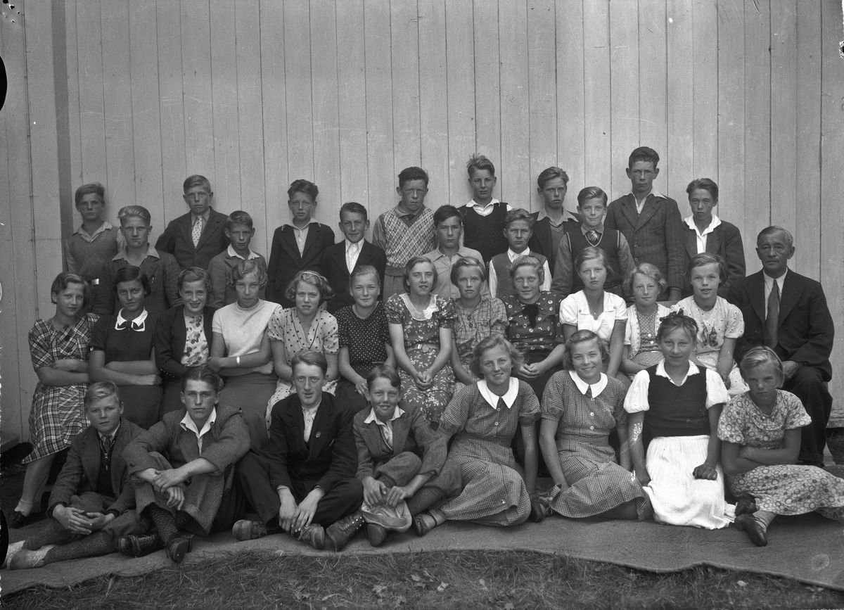 Konfirmasjonsbilde. Prest Gunerius Bovim i Langset kirke. Fra 1937. Bakerst nr. 3 fra v.: Harald Knutsen, Knut Ljødal, Åge Nordseth, Knut Habberstad. Nr. 2 fra høyre bakerste rad: Erik Røisi. Midterste rad: Helt fra v.: Bodil Troberg, Olga Eriksen (Kleiva), Annette Brattås (Steinbekken), Annie (fra Habberstadvangen), X, Solveig Ruud, Elsa Alnæs. Foran: X, Martin Korslund, X, X, Maren Røkholt, Kristine (Vesla) Røkholt, Helga Romstad.