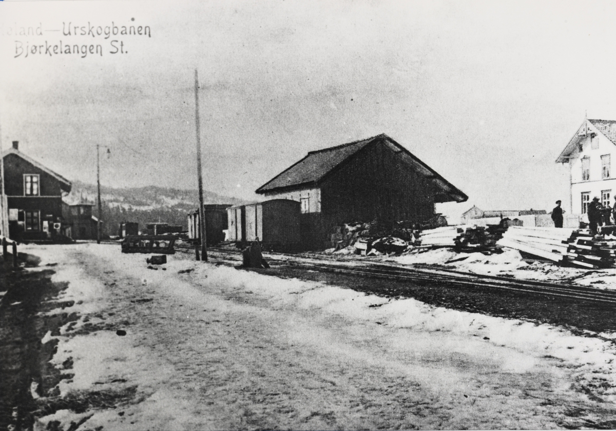 Bjørkelangen stasjon m/godshus og tre godsvogner.