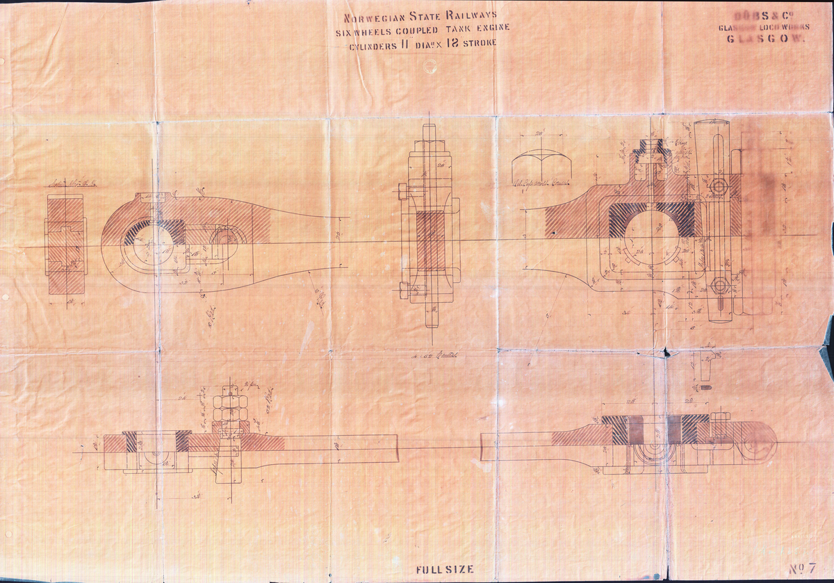 Tegning fra arkivet til Stiftelsen Setesdalsbanen...Fra en serie med tegninger fra Dubs & Co, Glascow Loco Works, Glascow. Dette er en av ca. 80 tegninger av lokomotiver og lokomotivdeler. ..Tegningene i arkivet er "blåkopier" som er skannet og digitalt tilbakeført til tilnærmet original. ....Setesdalsbanen er en smalsporet museumsjernbane i Vennesla kommune. Banen var i ordinær drift fra 1896 til 1962. Om sommeren kan man bli med på en kjøretur med 100 år gamle damplokomotiv og passasjervogner fra Grovane til Røyknes stasjon.