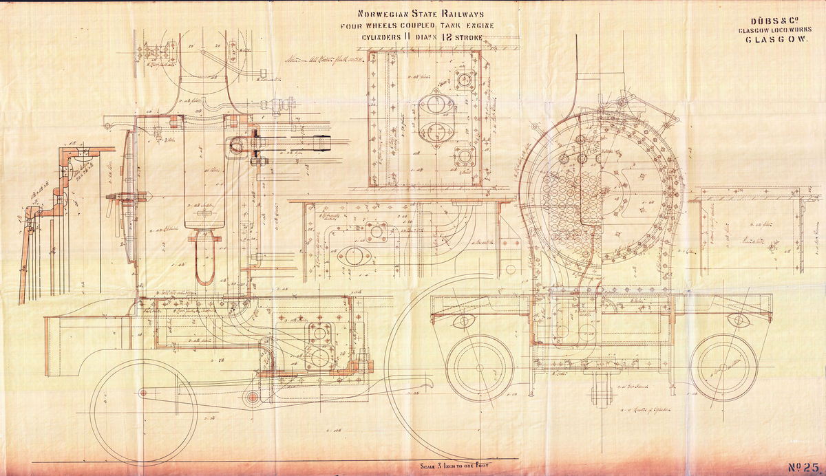 Tegning fra arkivet til Stiftelsen Setesdalsbanen...Fra en serie med tegninger fra Dubs & Co, Glascow Loco Works, Glascow. Dette er en av ca. 80 tegninger av lokomotiver og lokomotivdeler. ..Tegningene i arkivet er "blåkopier" som er skannet og digitalt tilbakeført til tilnærmet original. .....Setesdalsbanen er en smalsporet museumsjernbane i Vennesla kommune. Banen var i ordinær drift fra 1896 til 1962. Om sommeren kan man bli med på en kjøretur med 100 år gamle damplokomotiv og passasjervogner fra Grovane til Røyknes stasjon.