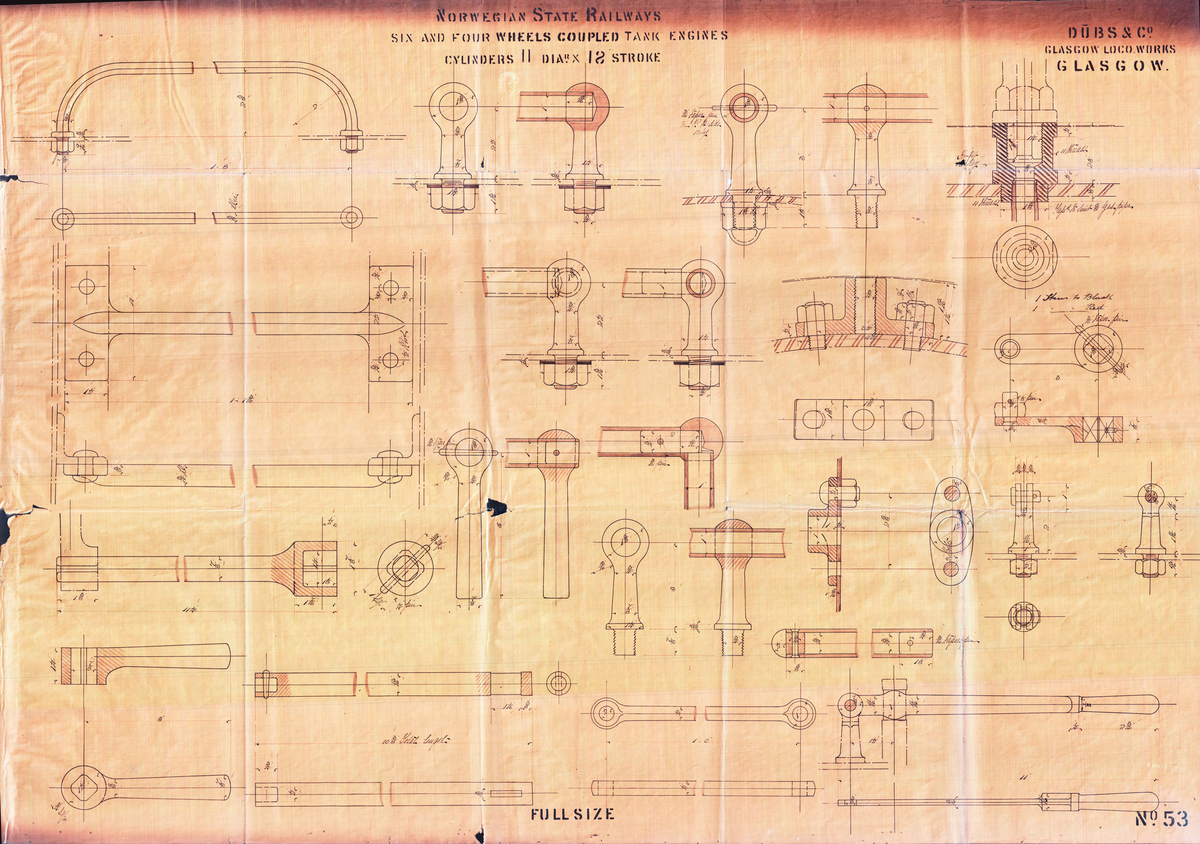 Tegning fra arkivet til Stiftelsen Setesdalsbanen...Fra en serie med tegninger fra Dubs & Co, Glascow Loco Works, Glascow. Dette er en av ca. 80 tegninger av lokomotiver og lokomotivdeler. ..Tegningene i arkivet er "blåkopier" som er skannet og digitalt tilbakeført til tilnærmet original. .....Setesdalsbanen er en smalsporet museumsjernbane i Vennesla kommune. Banen var i ordinær drift fra 1896 til 1962. Om sommeren kan man bli med på en kjøretur med 100 år gamle damplokomotiv og passasjervogner fra Grovane til Røyknes stasjon.