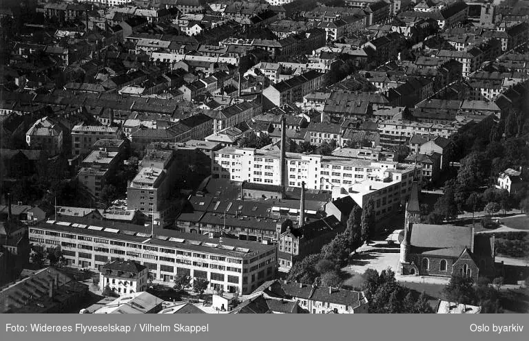 Kristiania Brødfabrikk A/S, Pilestredet 75 C mot Norabakken og Fagerborg kirke. Bygårder. Stensparken. Fagerborggata, Sporveisgata. (Flyfoto)