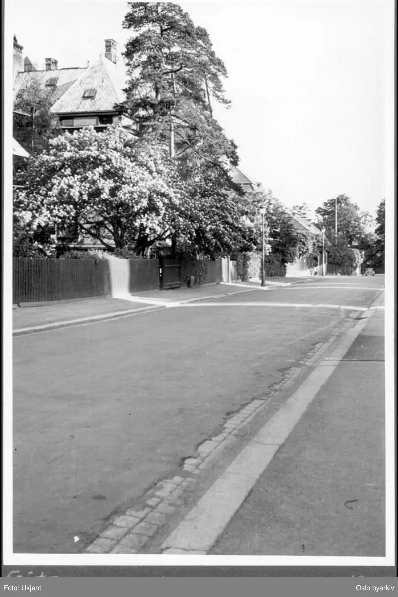 Nedover Thomas Heftyes gate mot svingen ved den britiske ambassade, med Thomas Heftyes gate 23 og 25 nærmest til venstre på bildet. Bildets originale tittel er feil.