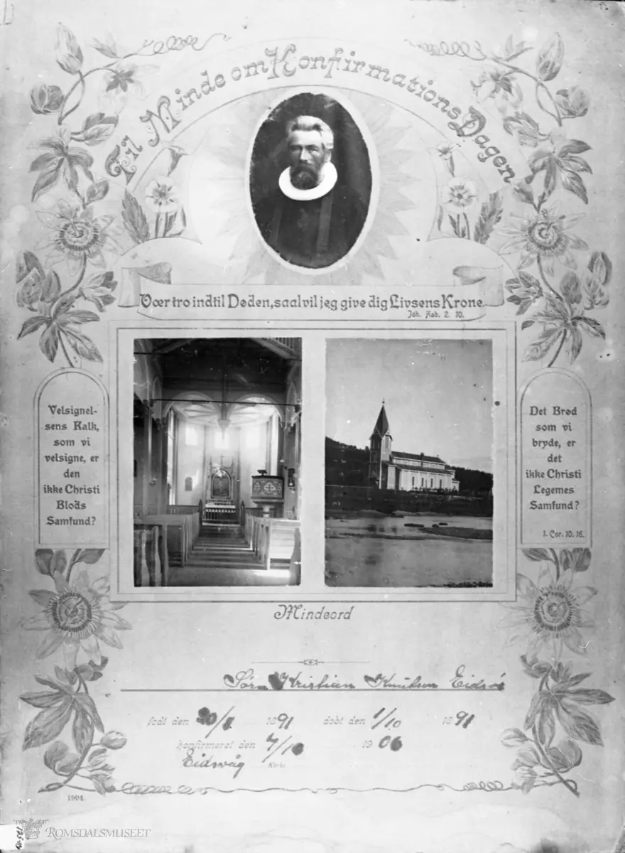 Dokumentasjon om konfirmasjon: "Til Minne om Konfirmations Dagen" Søren Kristian Knudsen Eidsør, f.20.08.1891, døbt 01.10.1891 konfirmeret den 07.10.1906. ..