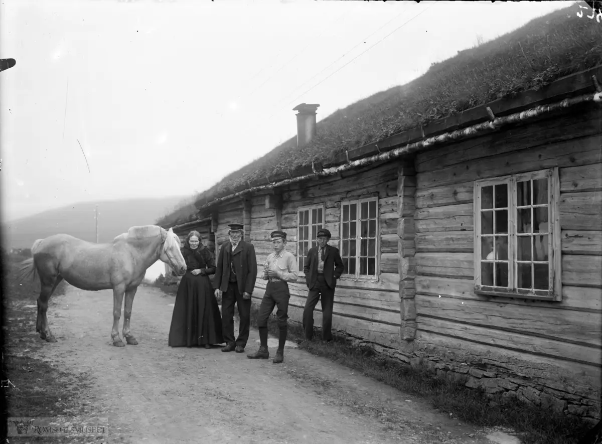 Familien på Hammervoll forran Hammervoll-stua..Hammervollstua før ho vart flytta til Romsdalsmuseet i 1928.