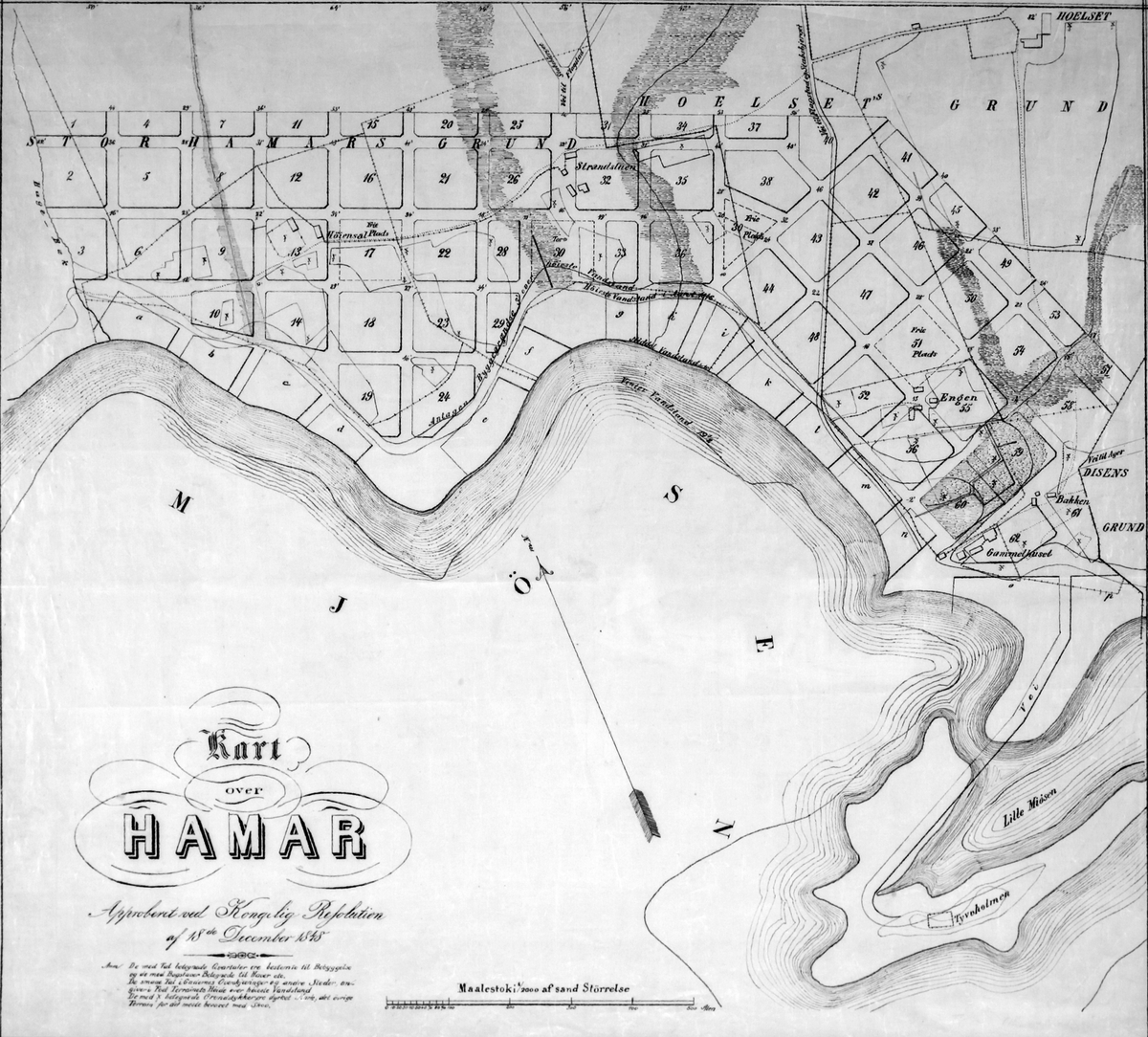 Hamar, kart over Hamar by 18. desember 1848, den første byplan for Hamar
