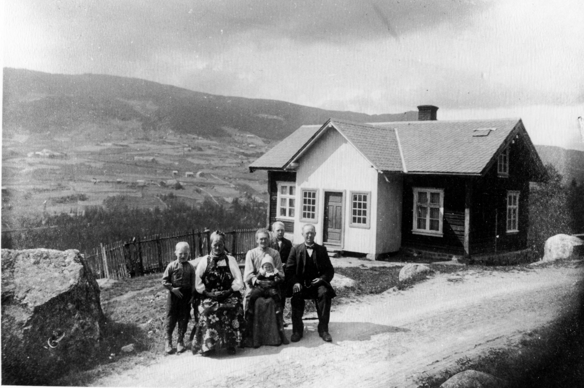 Gruppe,bukse,jakke,hallingbunad og hallingstugu.
Frå v.Eirik H. Svingen,gamle Margit Brøtajorde  Svingen,Marta Tråve Svingen med Olav på fanget,bak står Nils Svingen og
lengst til høgre Helge N.Svingen.