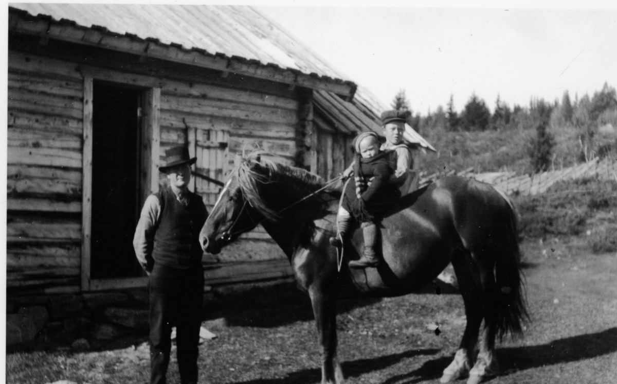 Gruppebilde. 
Frå v. Halgrim Treverket, Sigrid og Ivar Treverket på Brautemo  Hermundvollen 1919 eller  1920.