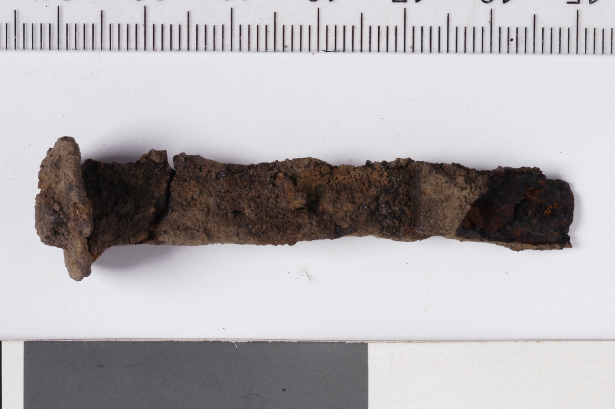 MALV: L. 6, 2 CM, AVLANGT, FLATT JERN M. REKTANGULÆRT TVERRSNITT. TIL-NÆRMET SIRKULÆRT HODE. I MOTSATT ENDE AV HODET ER DET FESTET ET FLATTJERNSTYKKE PÅ HVER SIDE. 