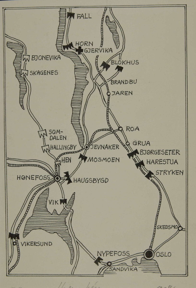 Kart over området Hønefoss - Jevnaker. Kampene i Norge 1940.