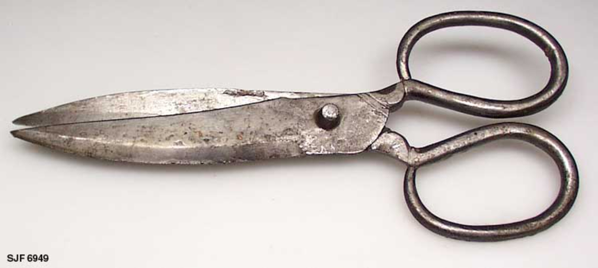 Saks, sammensatt av to stålkomponenter - begge med et knivblad i den ene enden og ei oval bøyle for fingrene i den andre. Disse er hengslet sammen ved hjelp av ei jernnagle. De to hovedkomponentene er noenlunde like, men de er klinket sammen med de plane undersidene på bladene mot hverandre. Oversidene på begge blad er fasslipte mot ytterkantene. Eggsidene er noe konkavt buete, mens rygg- eller nakkepartiene er konvekse. Stålet i hendelbøylene har et rundt tverrsnitt og diameteren avtar mot det som før de ble smidd til ovale var ytterendene. Nagla som fungerer som hengslingsledd er 3,4 centimeter lang.

Denne saksa var antakelig rusten da den ble avlevert til Norsk Skogbruksmuseum. Museet har sørget for elektrolysebehandling og impregnering med korrosjonsbeskyttende voks.

Saksa er trolig brukt til å klippe man og hale på hesten.