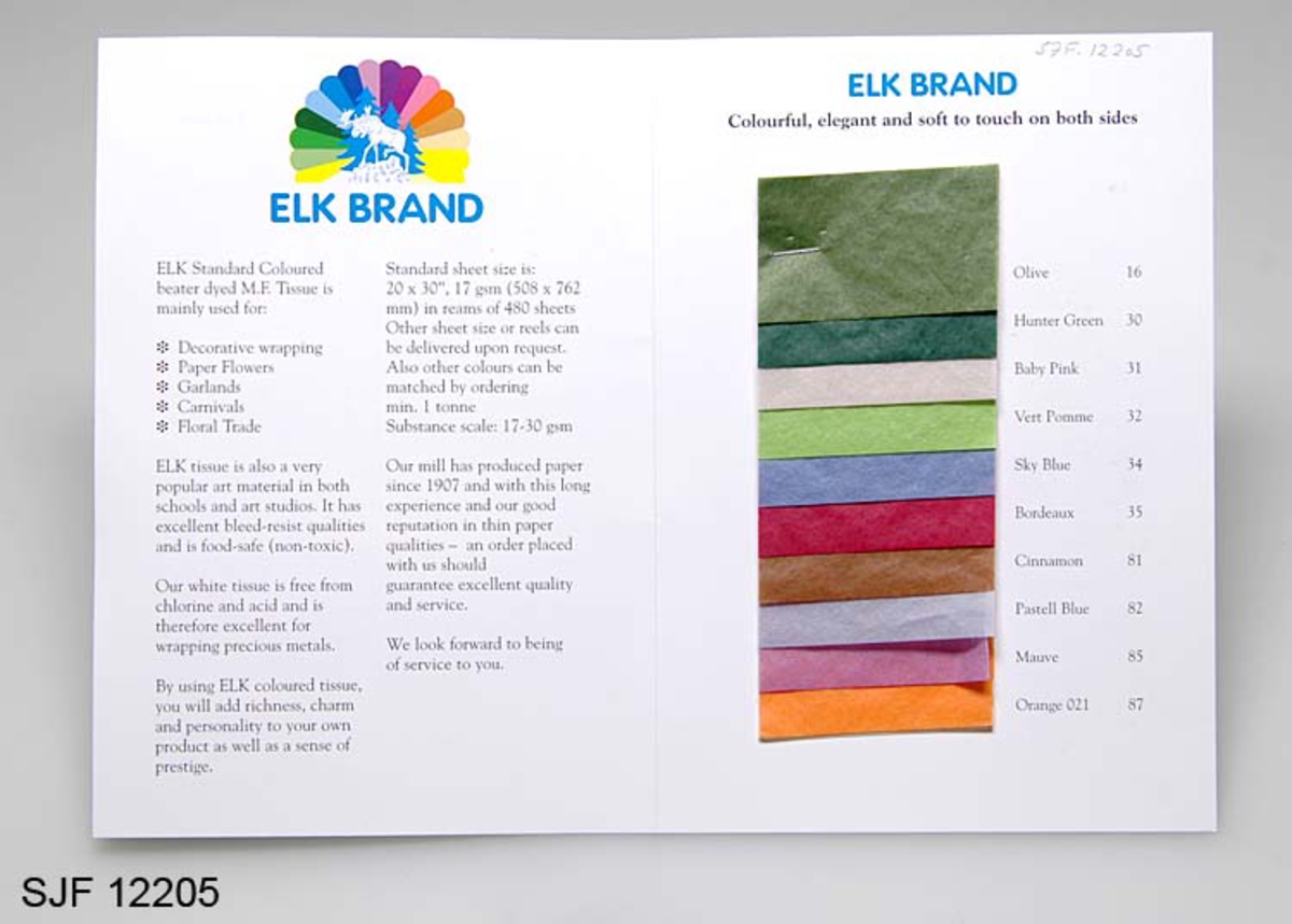 Heftet ble brukt i markedsføringsøyemed. 
Heftet inneholder små prøver med ulike papirkvaliteter som blir produsert ved Skjærdalens Brug. Papiret kan gis ulike farger. I heftet er det derfor samlet et oppsett med de ulike fargevalgene. 

Papiret blir levert i pakker med 480 eller 500 ark. Papiret er bl a velegnet til innpakning av ømfintelige materialer.  